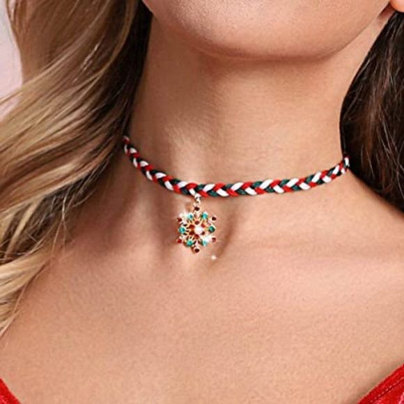Earent Christmas Rope Choker Necklace Rhinestone Snowflake Pendant Necklaces - Picture 1 of 4
